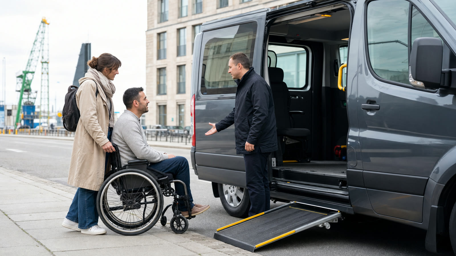 Passager en fauteuil roulant préparant son embarquement dans un véhicule accessible