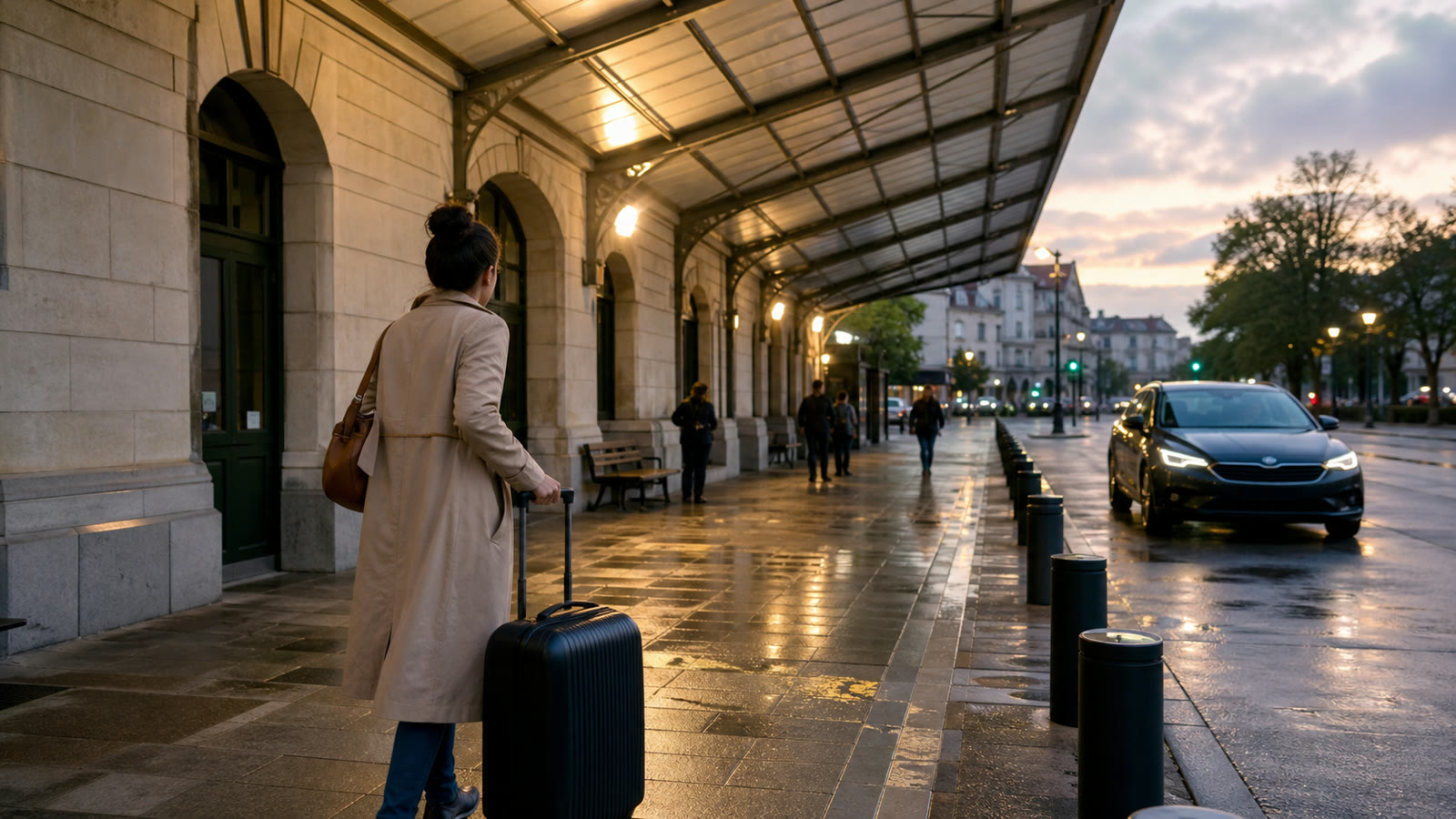 Voyageuse à son arrivée devant la gare de Bayonne repérant son point de prise en charge