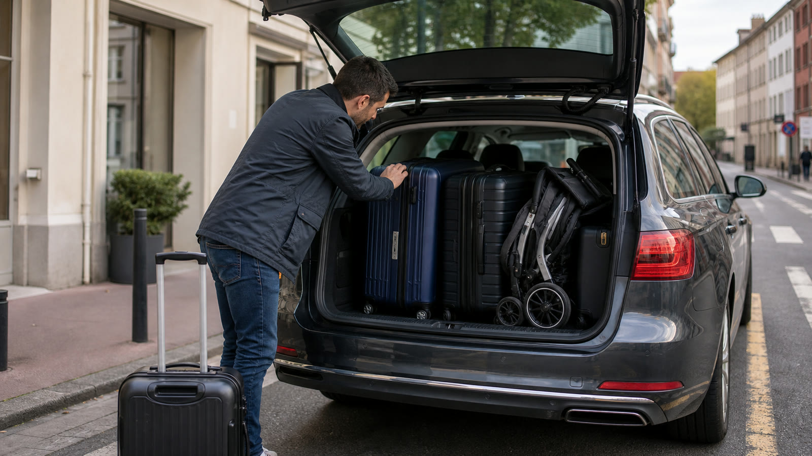 Voyageur vérifiant le chargement de ses bagages et d’une poussette dans un véhicule