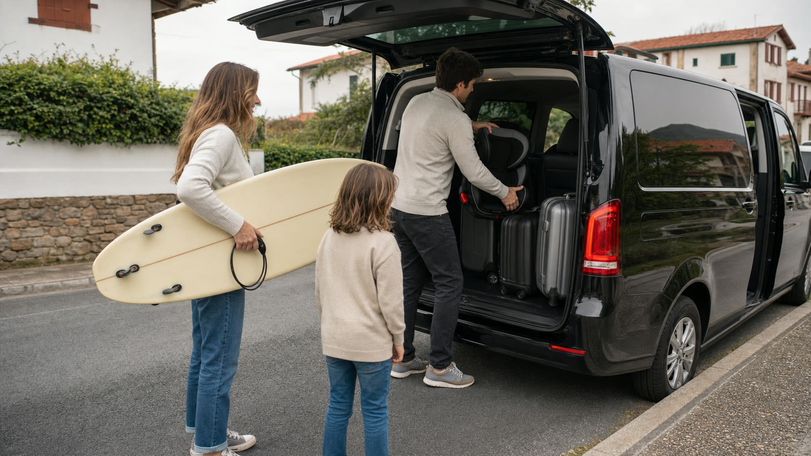 Famille chargeant un siège enfant, des valises et une planche de surf dans un van au Pays basque