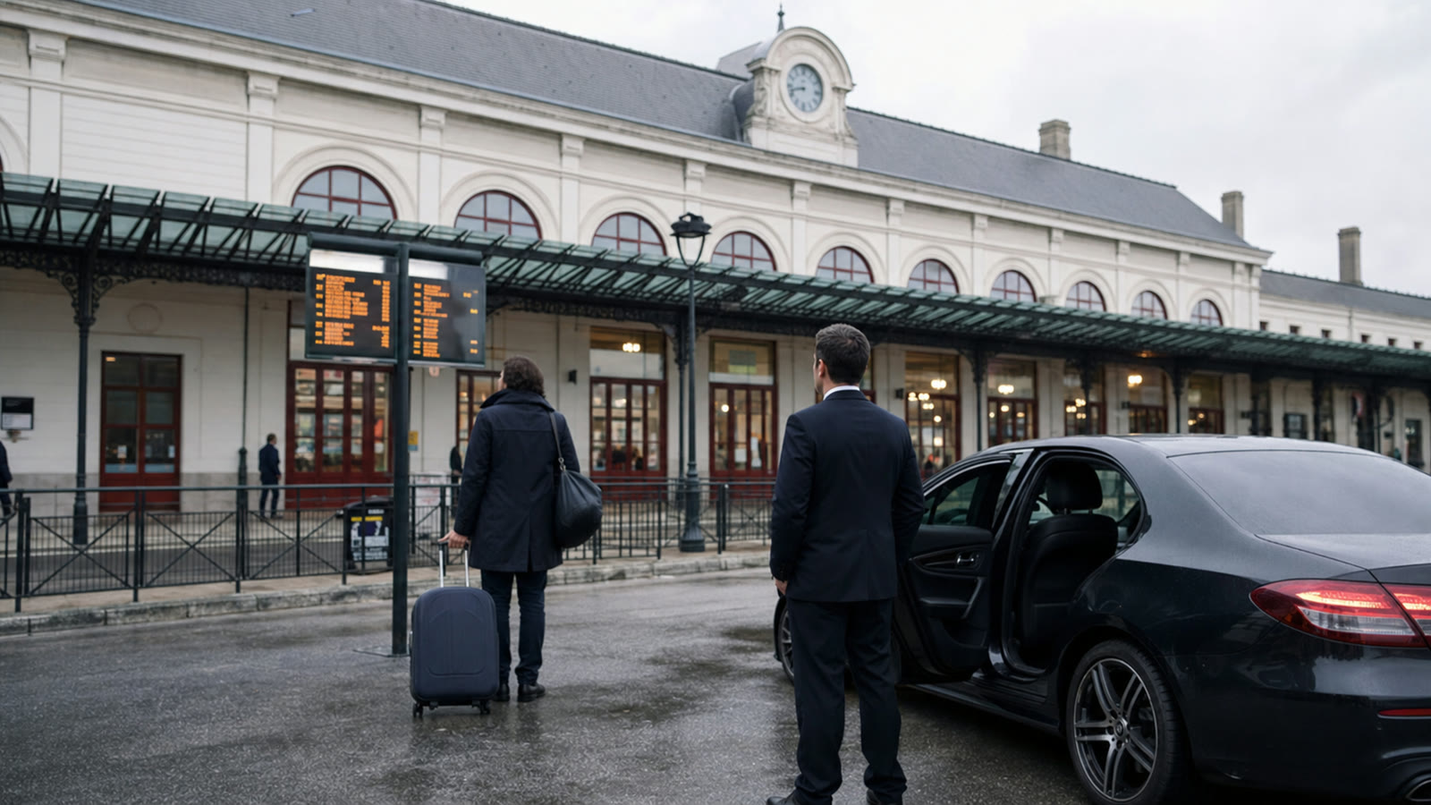Voyageur avec sa valise rejoignant un véhicule avec chauffeur devant la gare de Bayonne