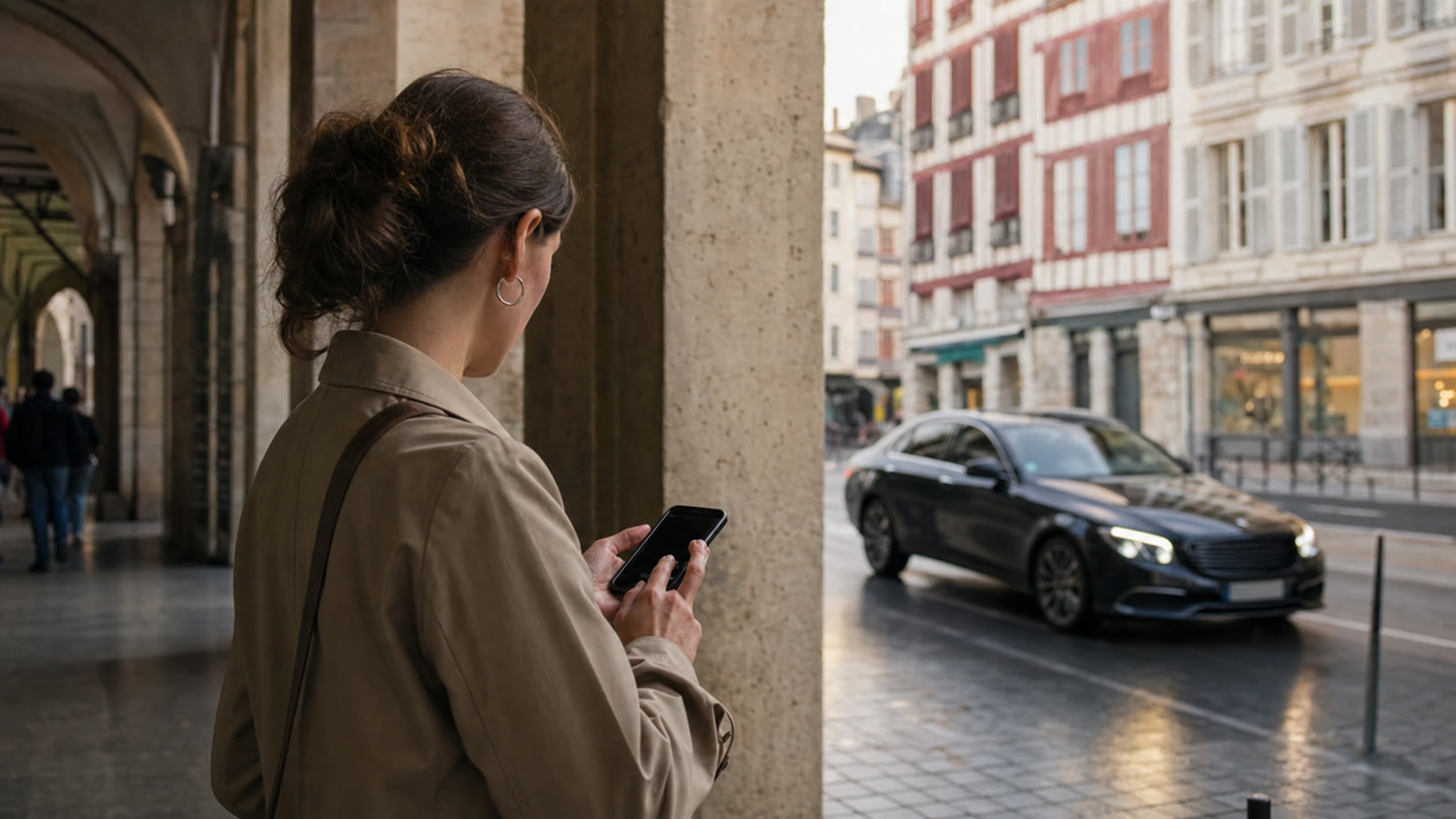 Passagère réservant un chauffeur depuis son téléphone dans le centre de Bayonne